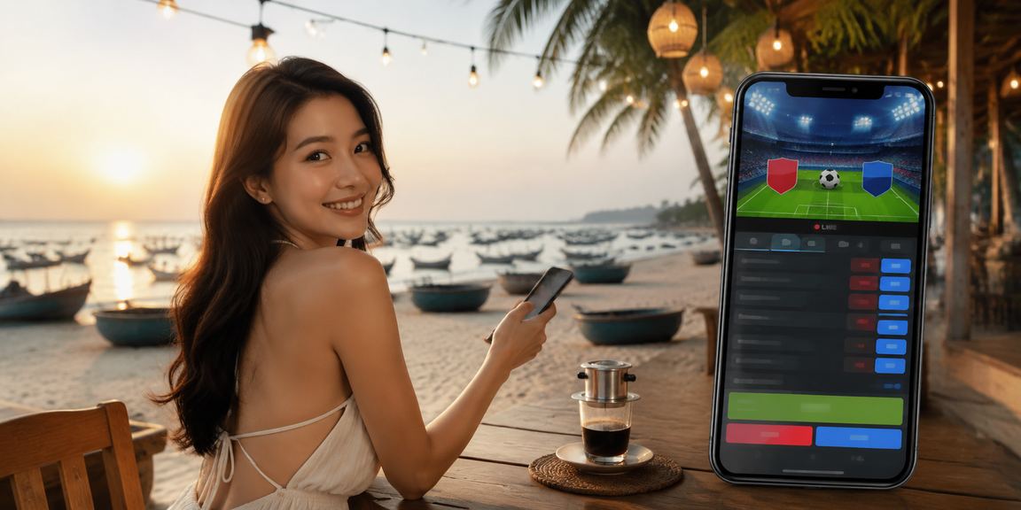 Người dùng truy cập casino trực tuyến trên điện thoại tại Mũi Né bên tách cà phê buổi sáng
